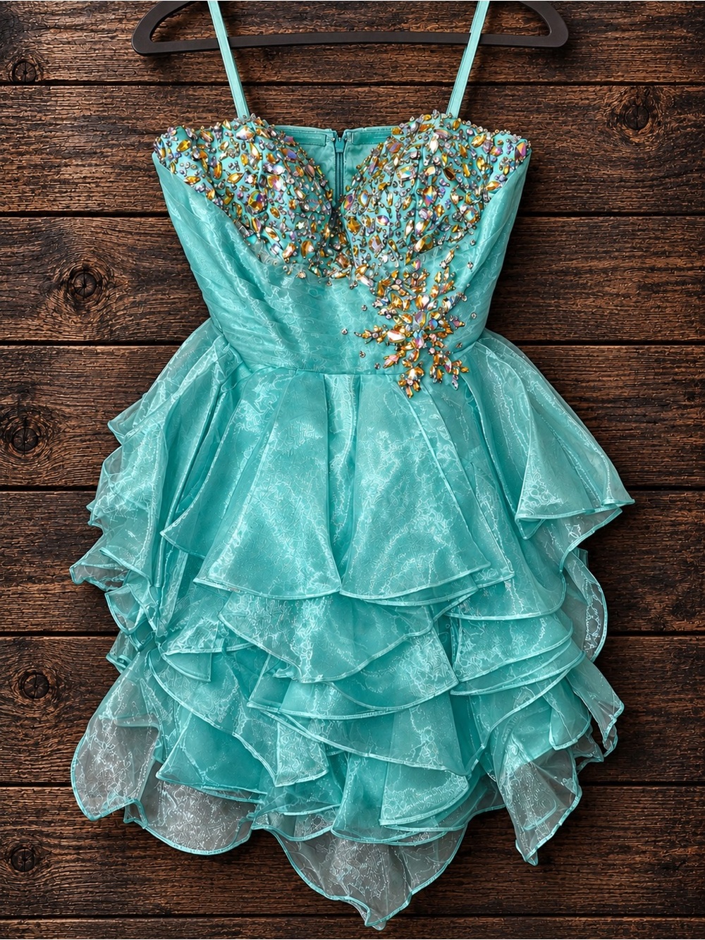 Cinderella Aqua Mint Strapless Ruffled Homecoming with Crystal Embellishment